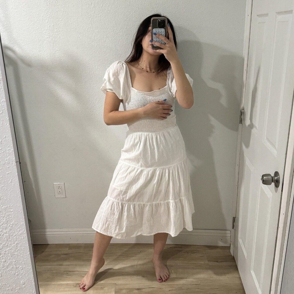 And Now This Women's‎ White Gingham Puff-Sleeve Cotton Tiered Dress Medium